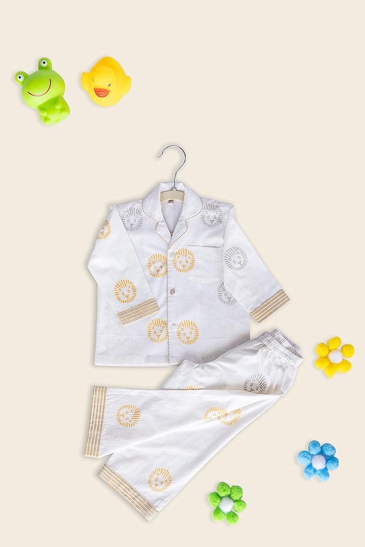 White Cotton Block Printed Night Suit For Kids by Adya Kids