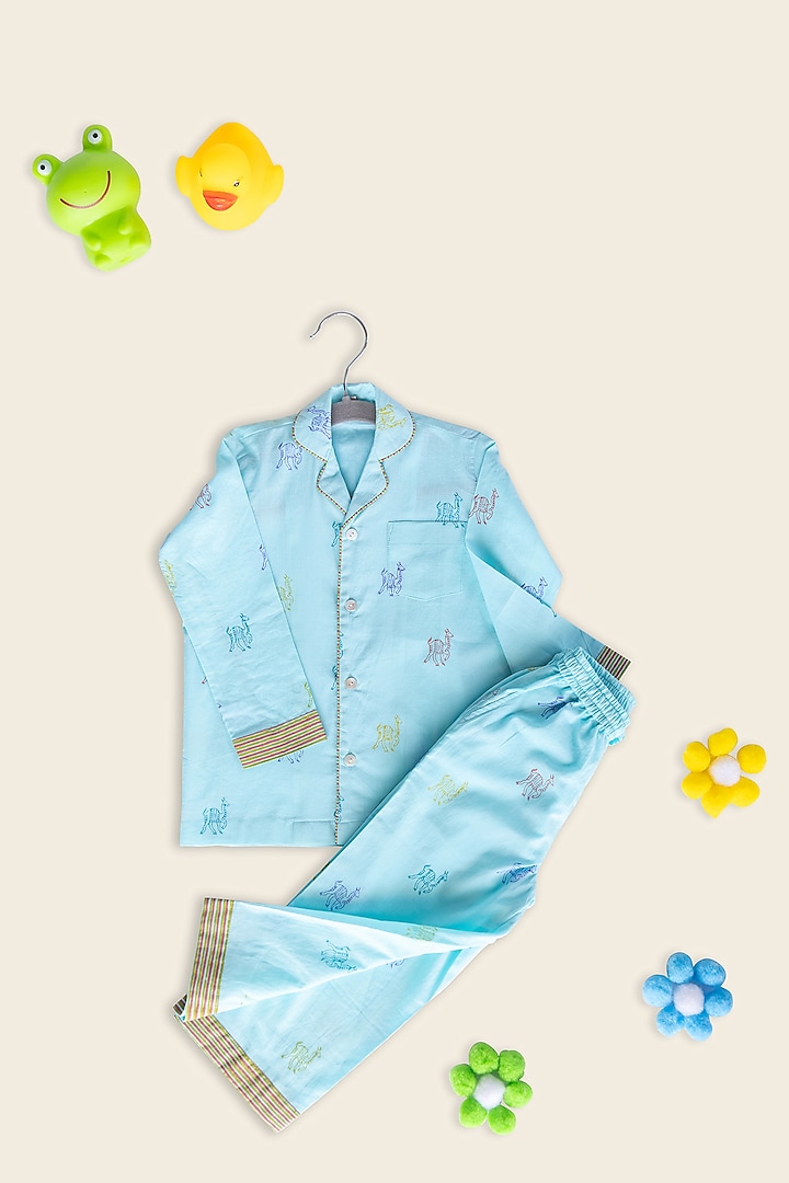 Sky Blue Cotton Block Printed Night Suit For Kids by Adya Kids