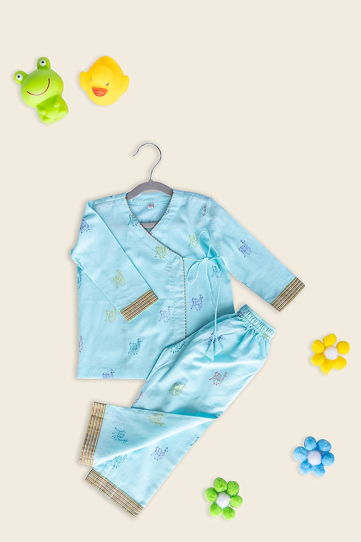 Sky Blue Cotton Block Printed Night Suit For Kids by Adya Kids