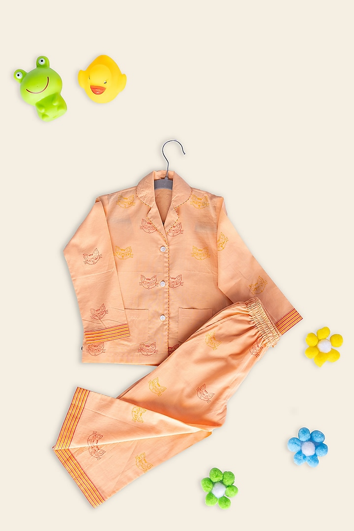 Peach Cotton Block Printed Night Suit For Kids by Adya Kids