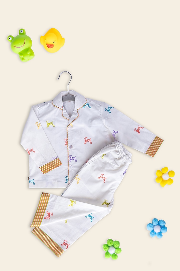 White Cotton Block Printed Night Suit For Kids by Adya Kids