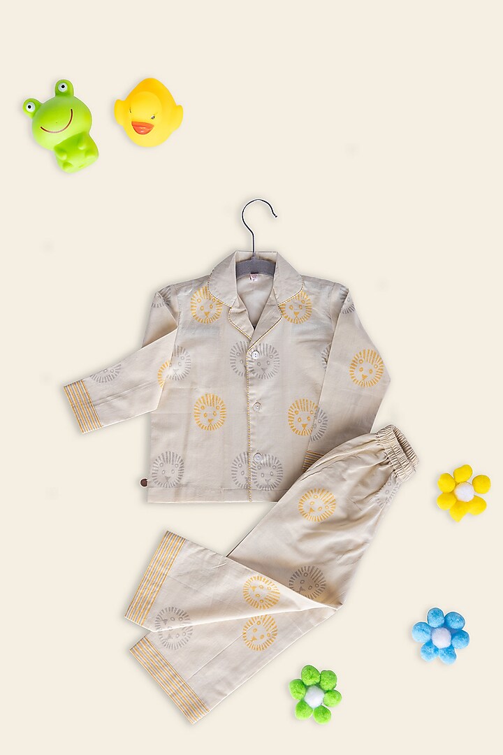 Grey Cotton Block Printed Night Suit For Kids by Adya Kids