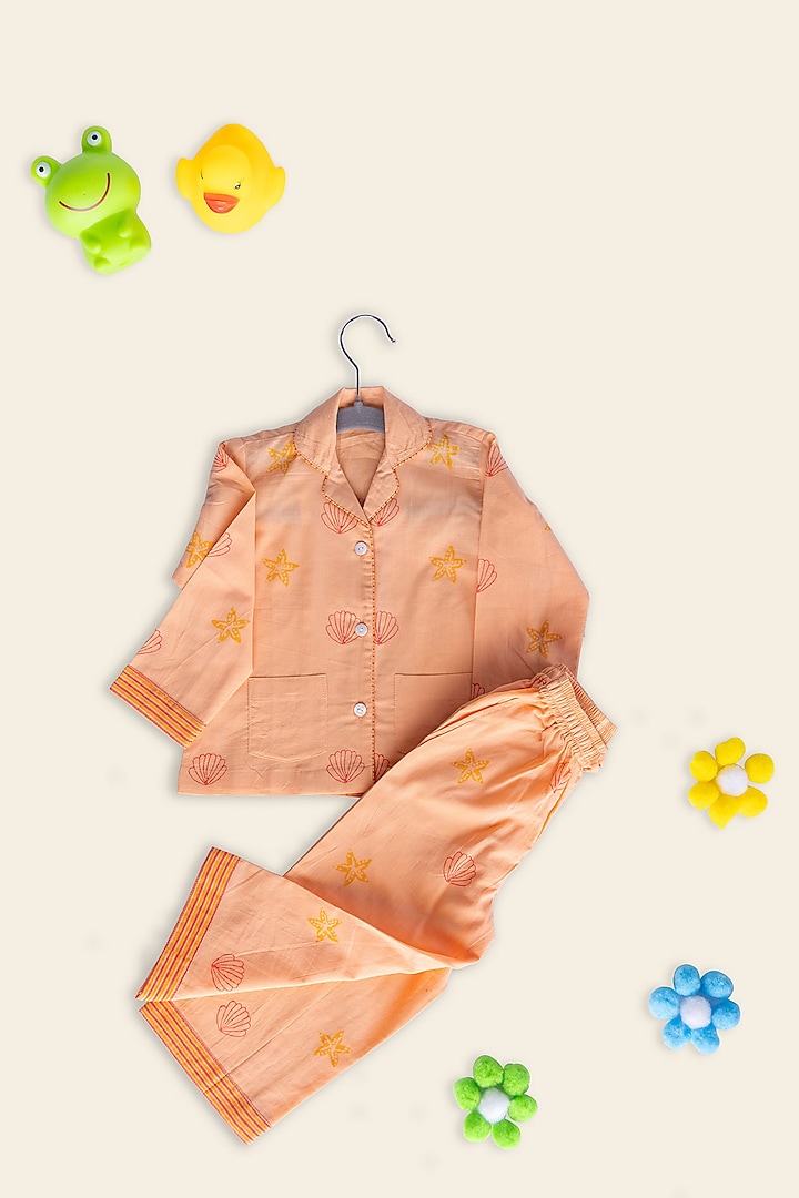 Orange Cotton Block Printed Night Suit For Kids by Adya Kids