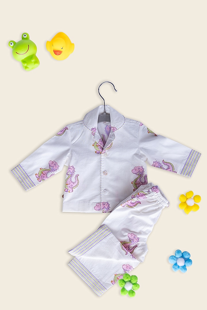 White Cotton Block Printed Night Suit For Kids by Adya Kids