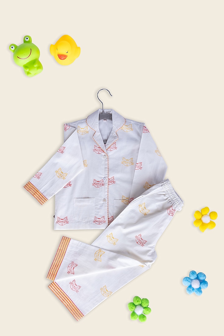 White Cotton Block Printed Night Suit For Kids by Adya Kids