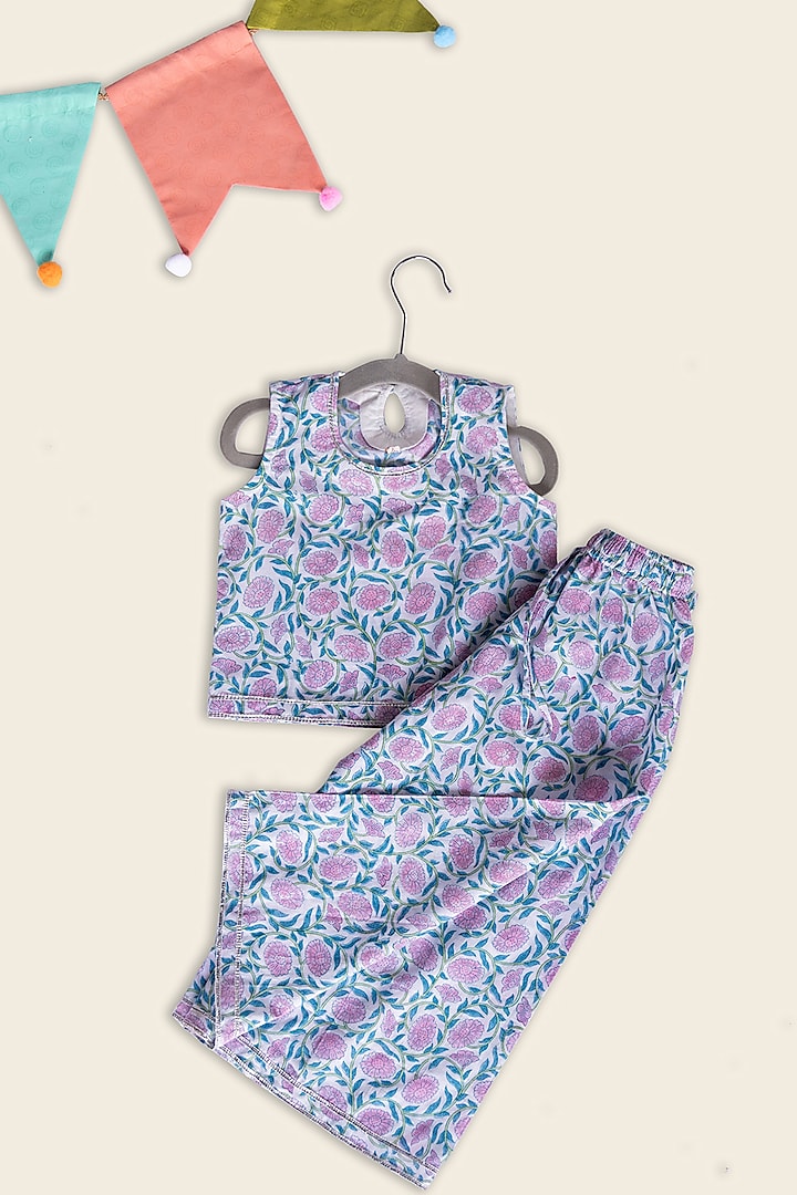 Blue Cotton Block Printed Co-Ord Set For Girls by Adya Kids at Pernia's Pop Up Shop