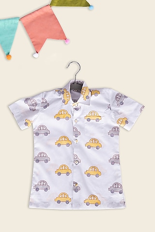 White Cotton Block Printed Shirt For Kids by Adya Kids