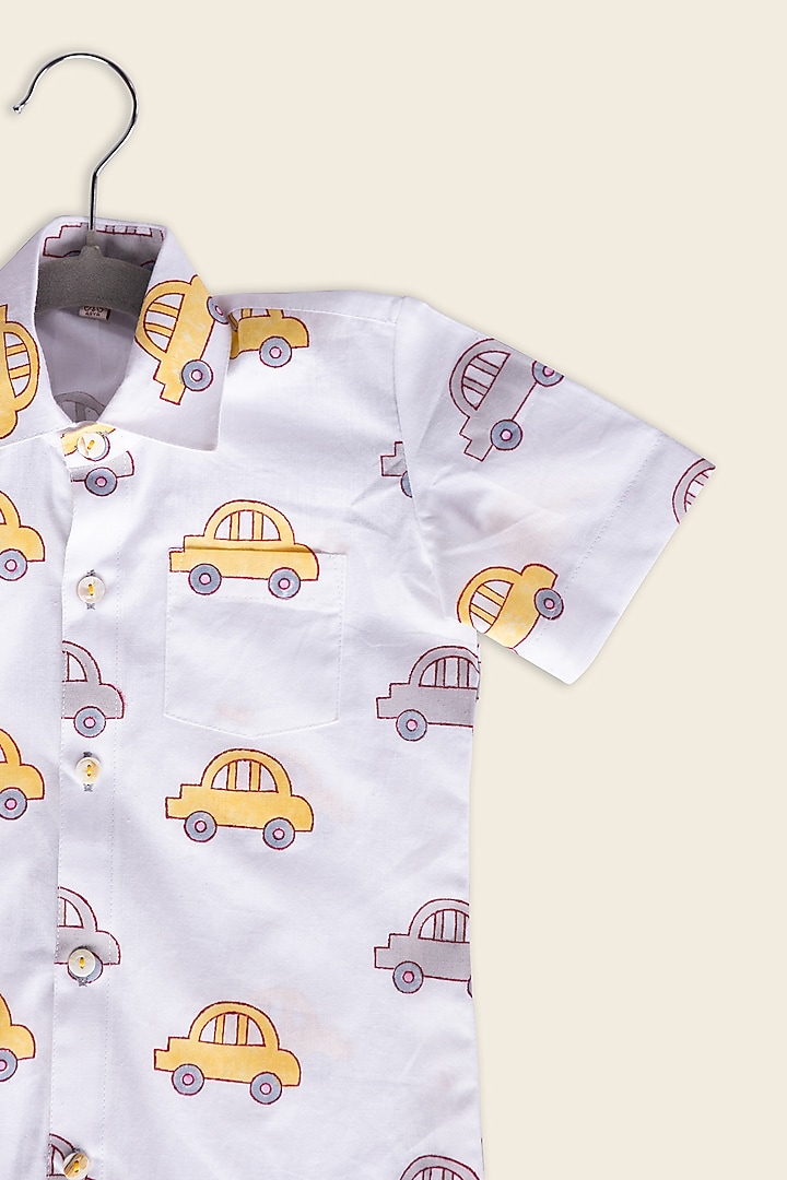 White Cotton Block Printed Shirt For Kids by Adya Kids at Pernia's Pop Up Shop