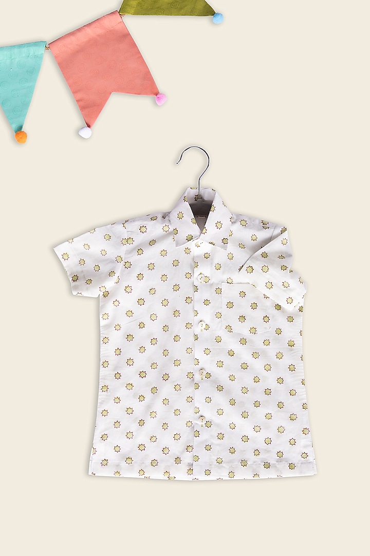 White Cotton Block Printed Shirt For Kids by Adya Kids at Pernia's Pop Up Shop