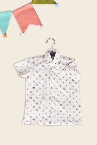 White Cotton Block Printed Shirt For Kids by Adya Kids