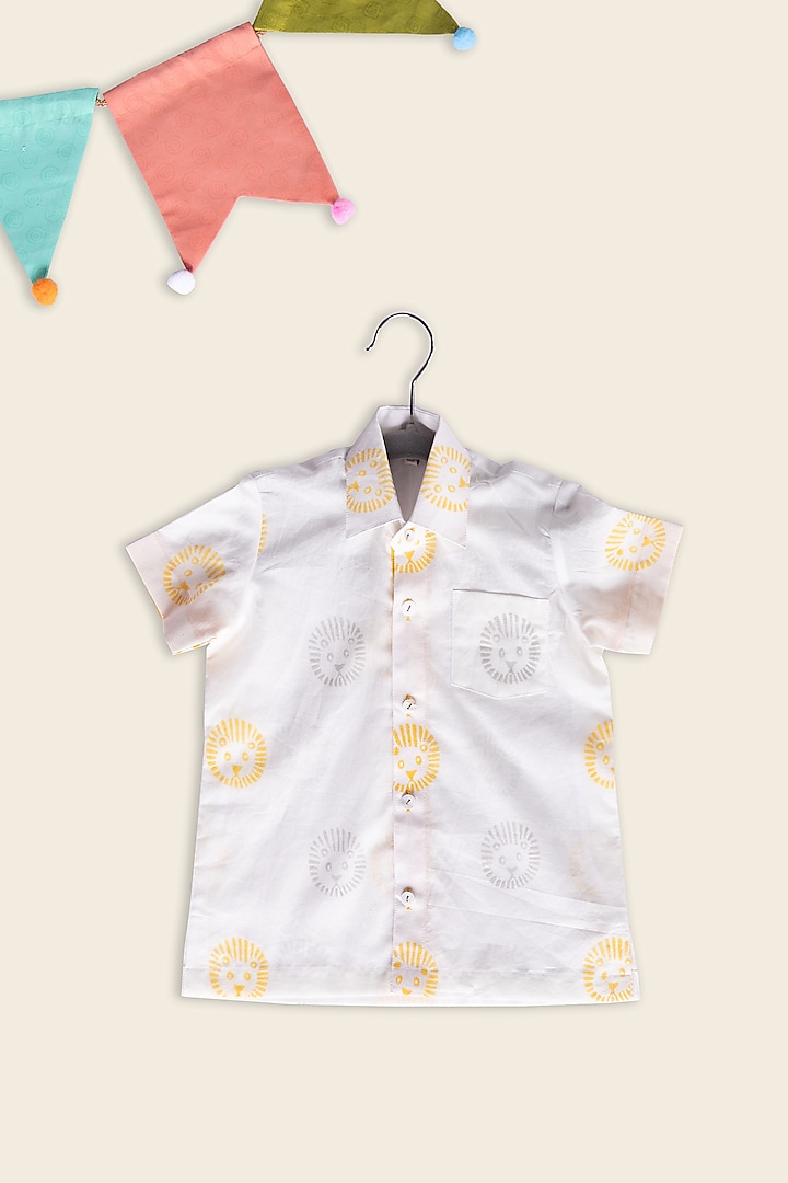 White Cotton Block Printed Shirt For Kids by Adya Kids at Pernia's Pop Up Shop