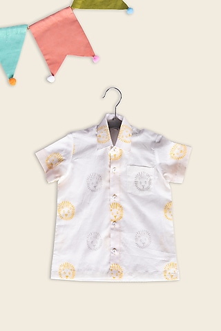 White Cotton Block Printed Shirt For Kids by Adya Kids