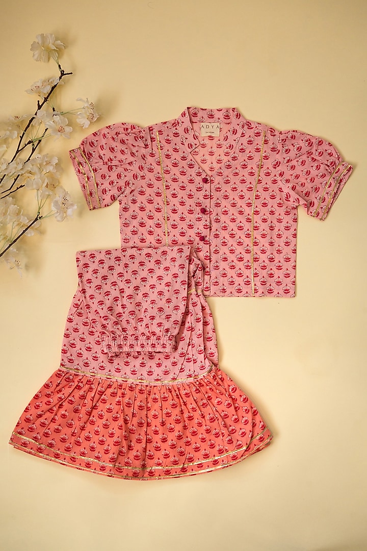 Pink Ombre Cotton Floral Hand Block Printed Sharara Set For Girls by Adya Kids at Pernia's Pop Up Shop