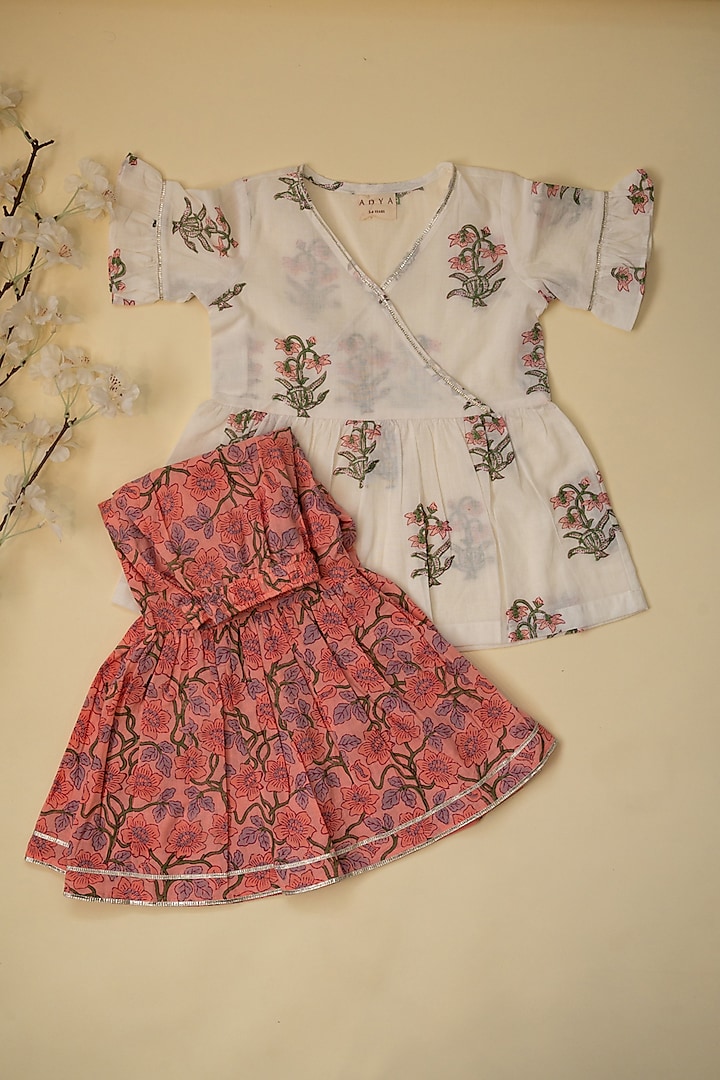 Peach Cotton Floral Hand Block Printed Sharara Set For Girls by Adya Kids at Pernia's Pop Up Shop