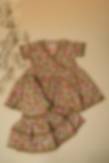 Light Yellow & Pink Cotton Floral Hand Block Printed Sharara Set For Girls by Adya Kids at Pernia's Pop Up Shop