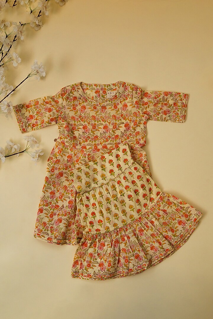 Light Yellow & Orange Cotton Floral Hand Block Printed Sharara Set For Girls by Adya Kids at Pernia's Pop Up Shop