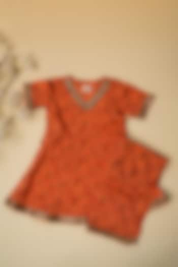 Orange Cotton Hand Block Printed Kurta Set For Girls by Adya Kids at Pernia's Pop Up Shop