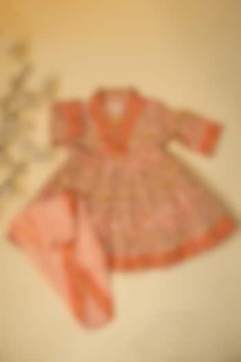 Peach Cotton Floral Hand Block Printed Kurta Set For Girls by Adya Kids at Pernia's Pop Up Shop