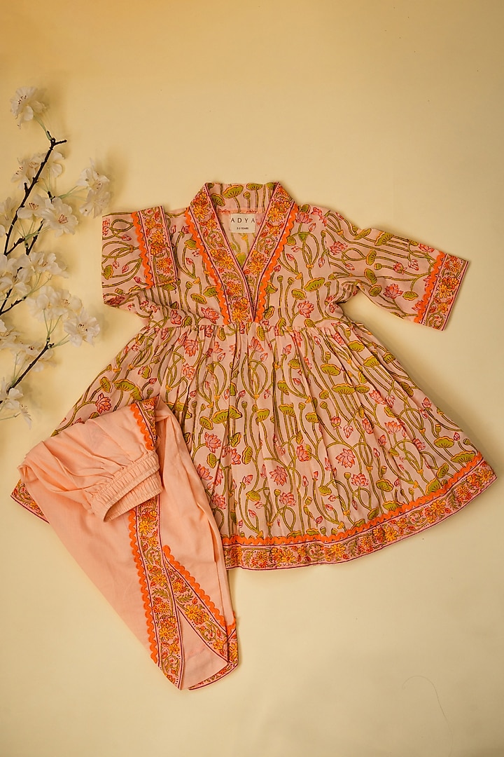 Peach Cotton Floral Hand Block Printed Kurta Set For Girls by Adya Kids at Pernia's Pop Up Shop