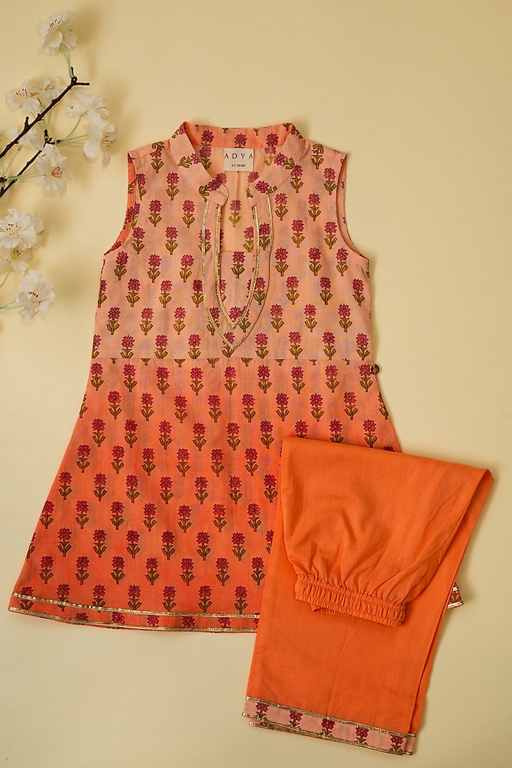 Peach Cotton Floral Hand Block Printed Kurta Set For Girls by Adya Kids at Pernia's Pop Up Shop