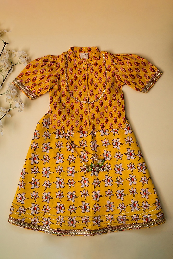 Yellow Cotton Floral Hand Block Printed Lehenga Set For Girls by Adya Kids at Pernia's Pop Up Shop