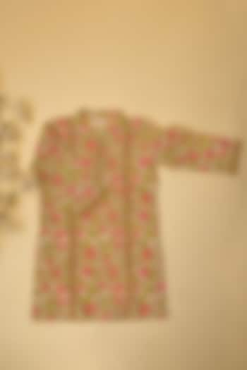 Green Cotton Floral Hand Block Printed Kurta For Boys by Adya Kids at Pernia's Pop Up Shop