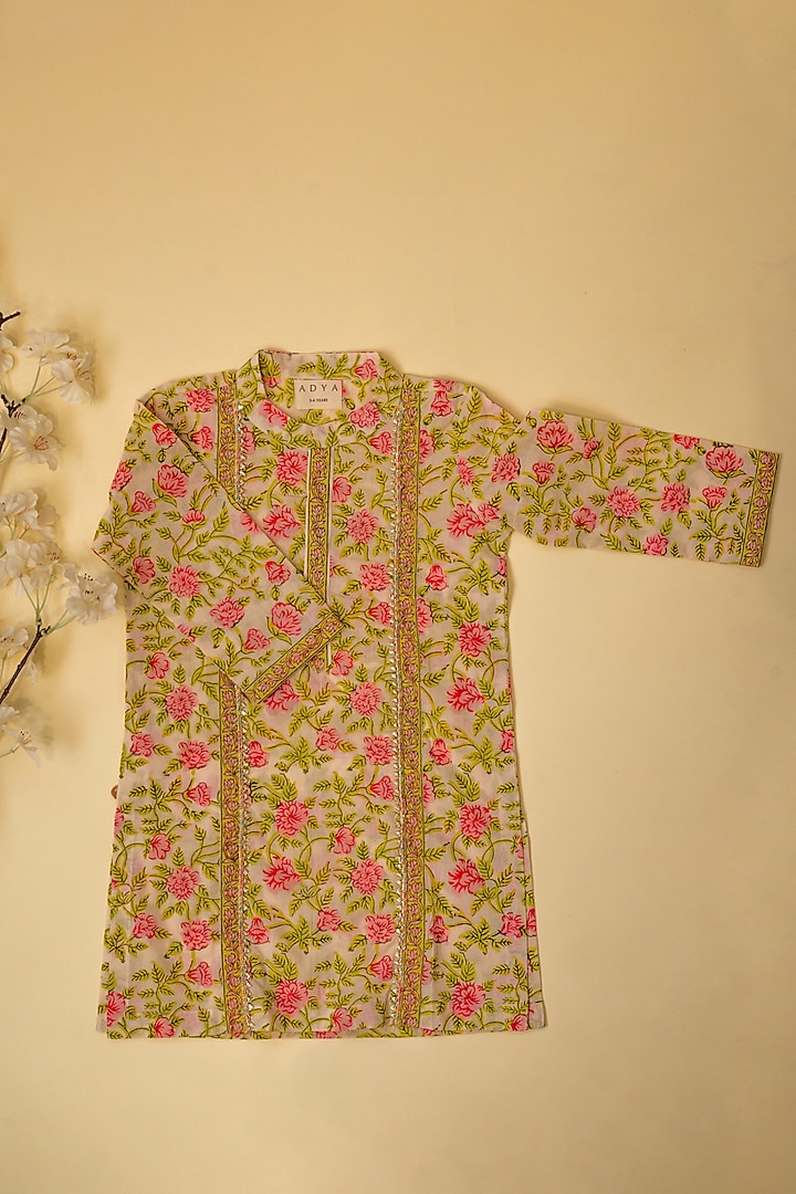 Green Cotton Floral Hand Block Printed Kurta For Boys by Adya Kids at Pernia's Pop Up Shop