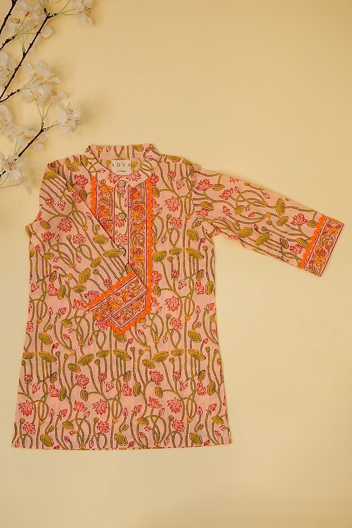 Peach Cotton Floral Hand Block Printed Kurta For Boys by Adya Kids at Pernia's Pop Up Shop