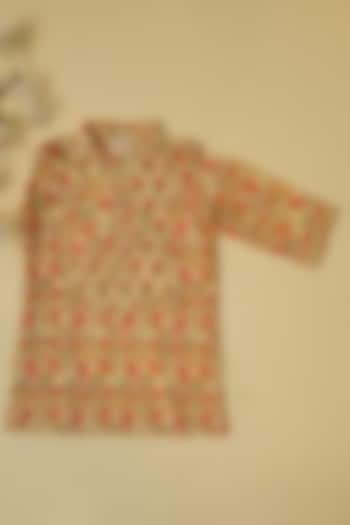 Lemon Yellow & Orange Cotton Floral Hand Block Printed Kurta For Boys by Adya Kids at Pernia's Pop Up Shop