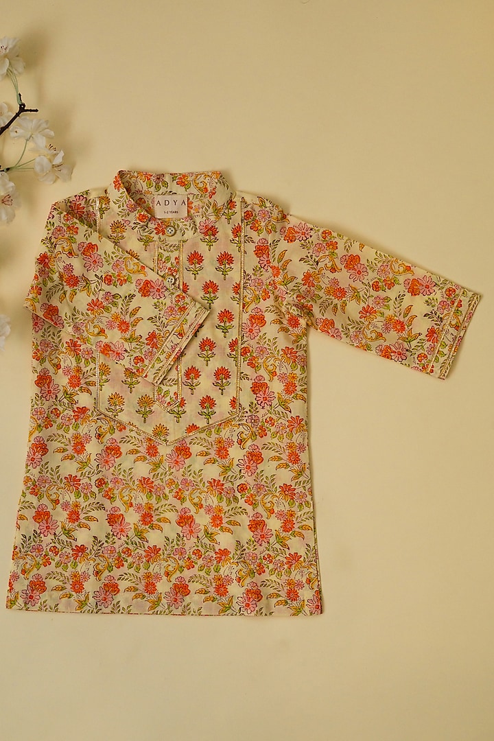 Lemon Yellow & Orange Cotton Floral Hand Block Printed Kurta For Boys by Adya Kids at Pernia's Pop Up Shop