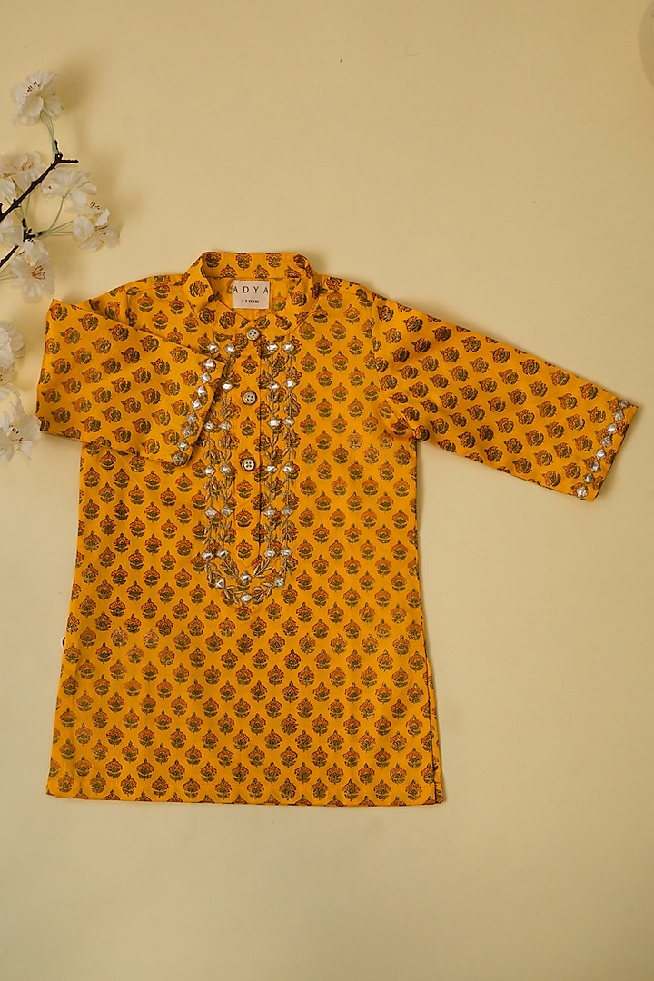 Yellow Cotton Hand Block Printed & Mirror Work Kurta For Boys by Adya Kids at Pernia's Pop Up Shop