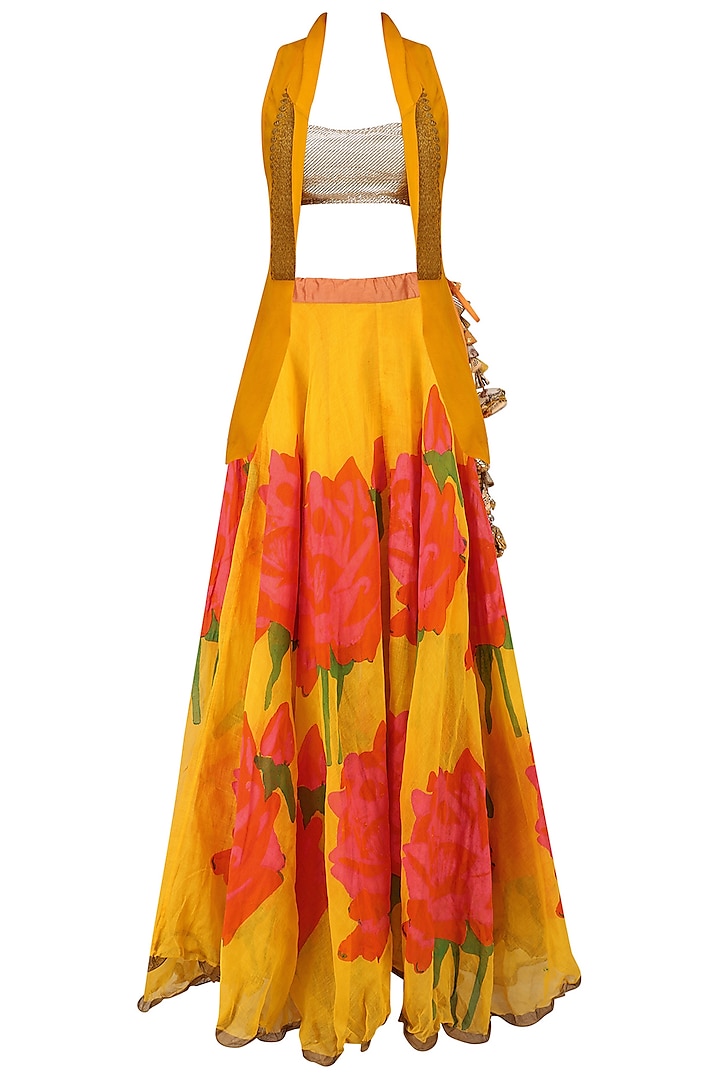 Yellow and Pink Rose Print Lehenga Skirt and Golden Bustier Set by Anupamaa Dayal
