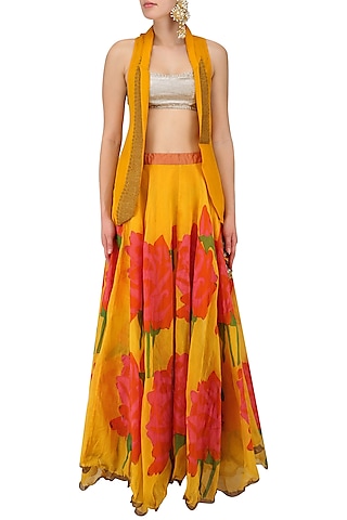 Yellow and Pink Rose Print Lehenga Skirt and Golden Bustier Set by Anupamaa Dayal