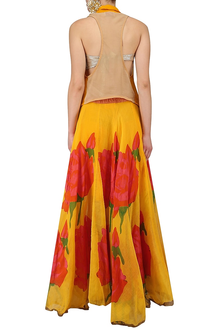 Yellow and pink rose print lehenga skirt and golden bustier set available only at Pernia's Pop Up Shop.