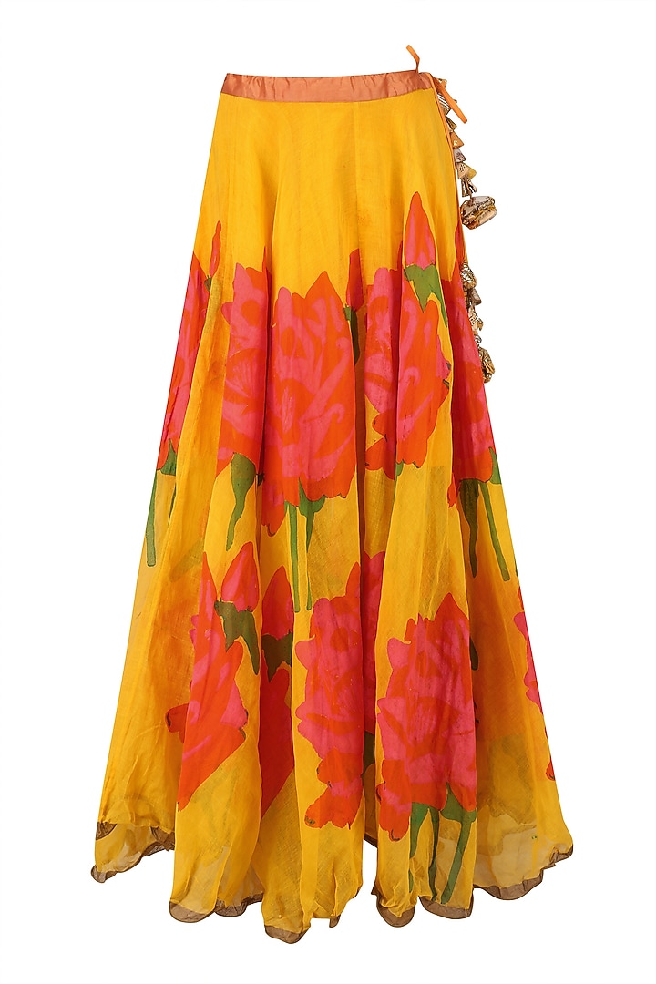 Yellow and pink rose print lehenga skirt and golden bustier set available only at Pernia's Pop Up Shop.