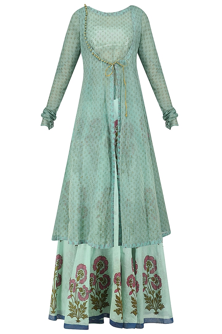 Sky Blue Floral Printed Lehenga Skirt and Long Open Jacket Set by Anupamaa Dayal