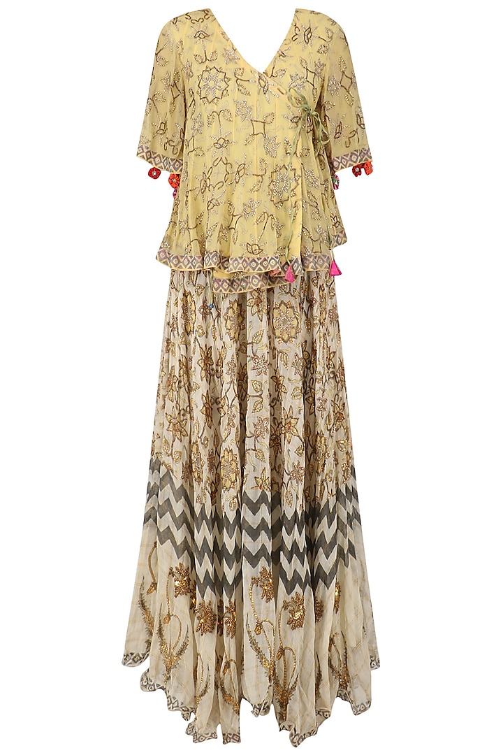 Beige Printed Frill Top and Embellished Skirt Set by Anupamaa Dayal