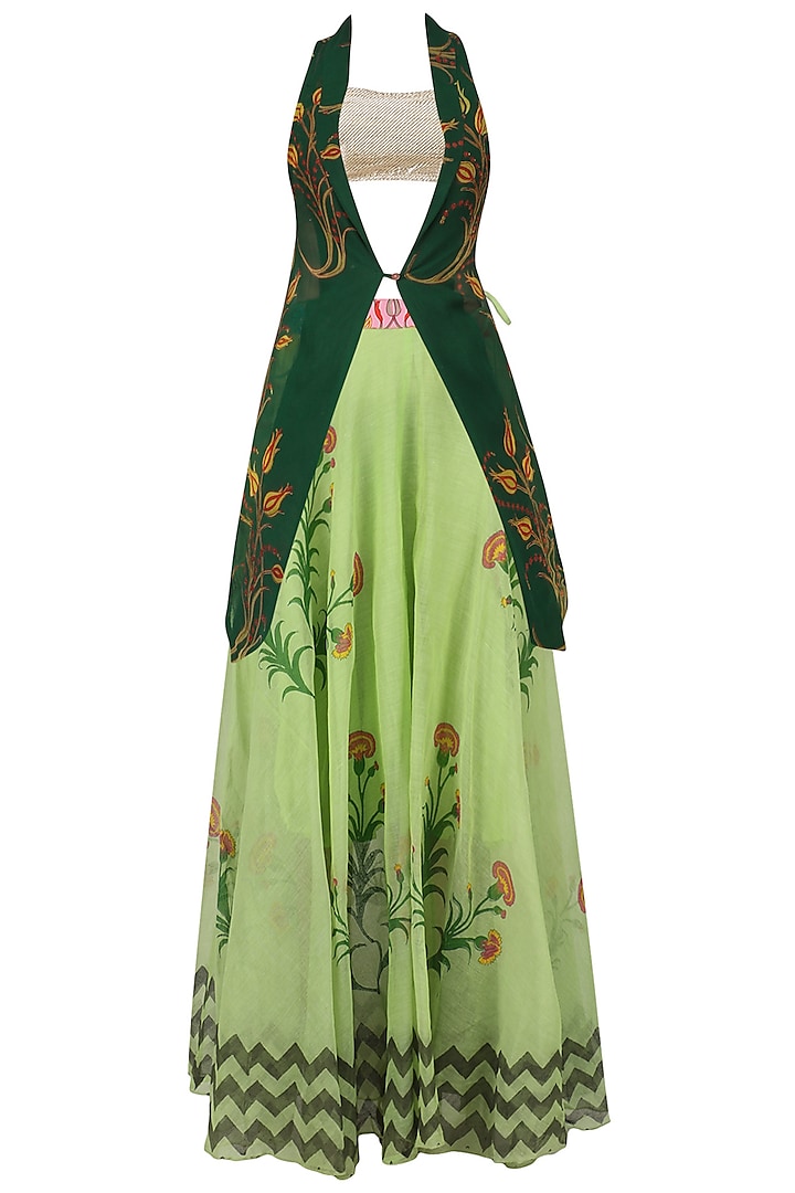 Pistachio Green Printed Lehenga Skirt with Dark Greena and Brown Embellished Jacket by Anupamaa Dayal