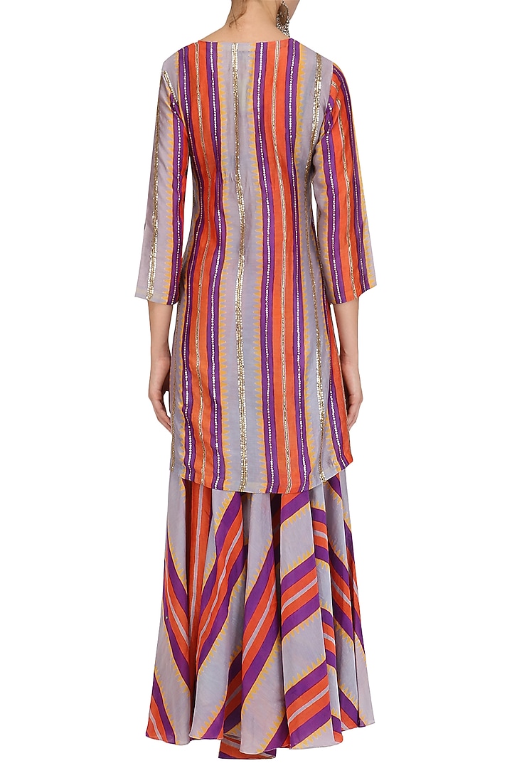 Grey striped kurta and sharara pants set available only at Pernia's Pop Up Shop.
