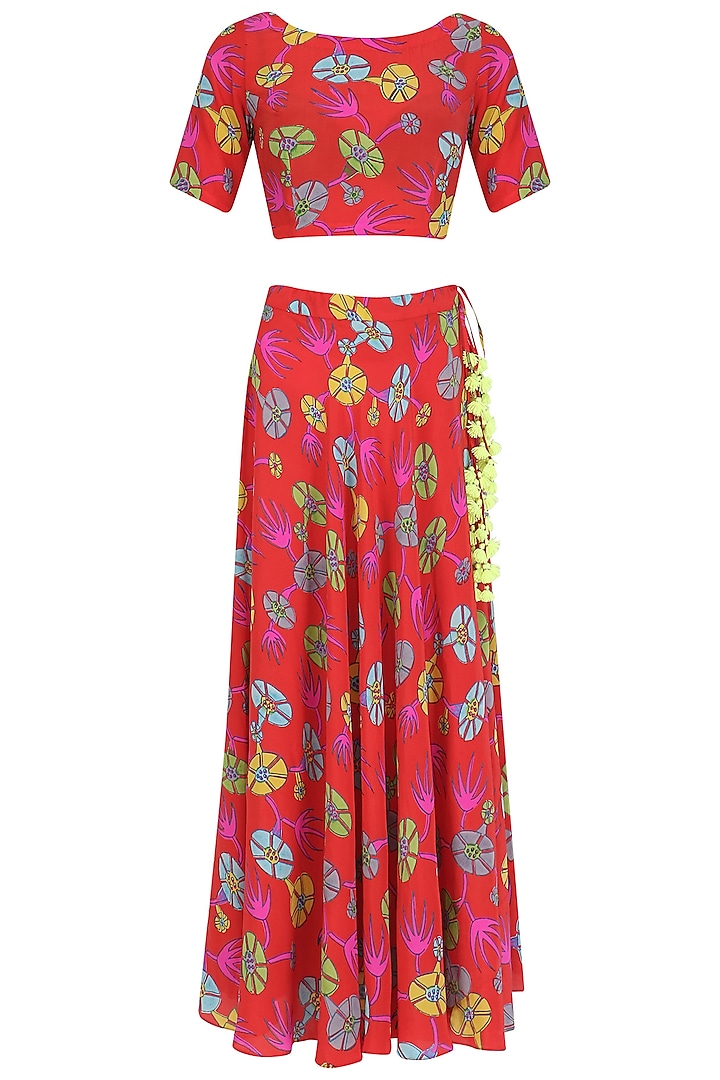 Red Floral Printed Crop Top and Skirt Set by Anupamaa Dayal