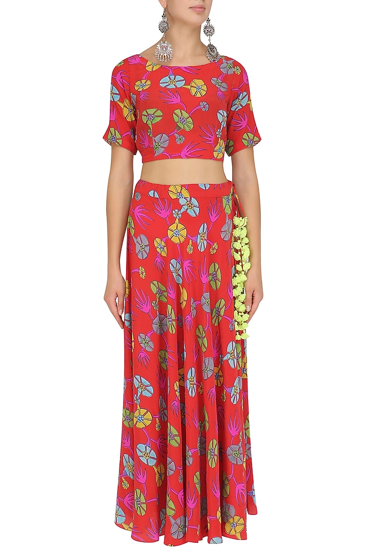 Red floral printed crop top and skirt set available only at Pernia's Pop Up Shop.