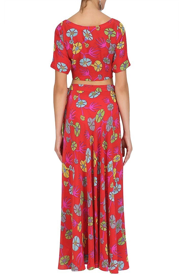 Red floral printed crop top and skirt set available only at Pernia's Pop Up Shop.