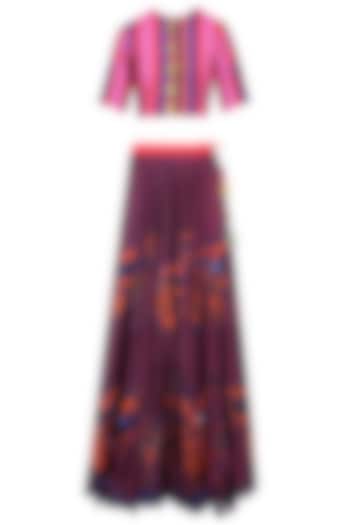 Maroon Butterfly Print Lehenga Skirt with Crop Top by Anupamaa Dayal