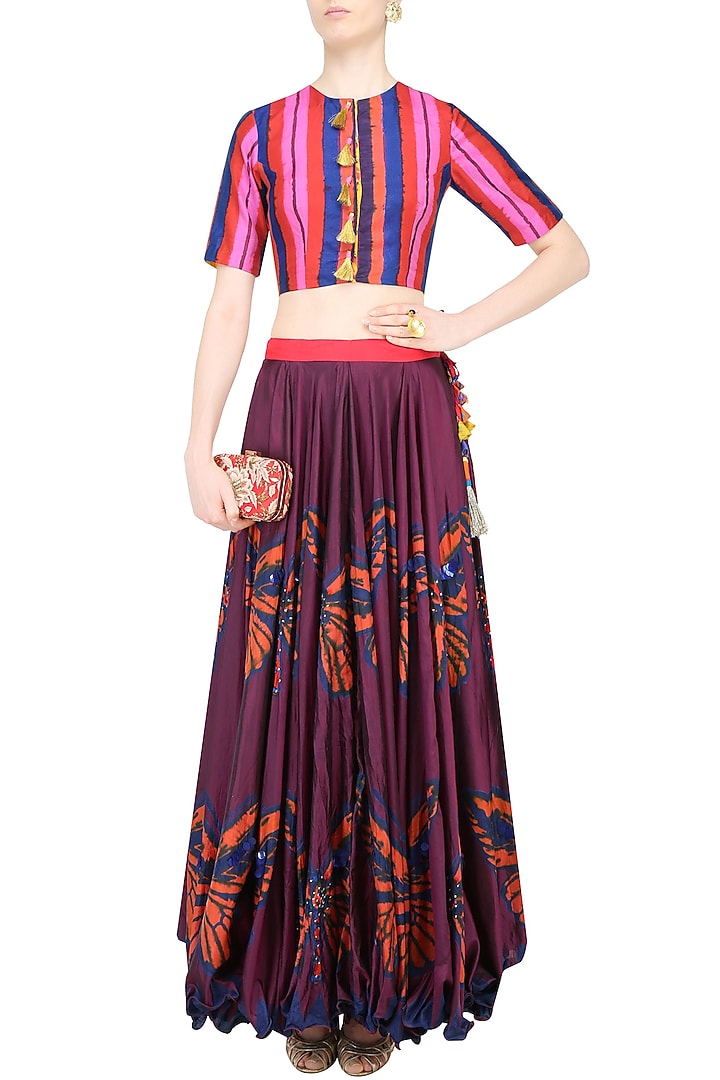 Maroon butterfly print lehenga skirt with crop top available only at Pernia's Pop Up Shop.