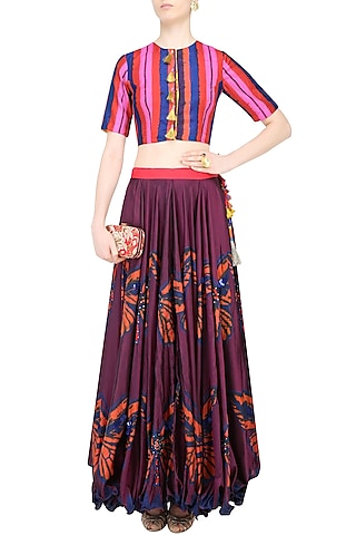 Maroon Silk Butterfly Hand Printed Lehenga Set by Anupamaa Dayal