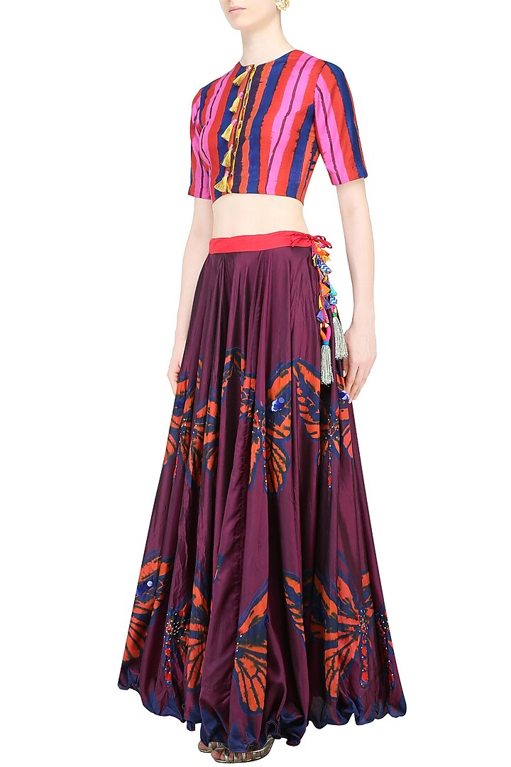 Maroon butterfly print lehenga skirt with crop top available only at Pernia's Pop Up Shop.