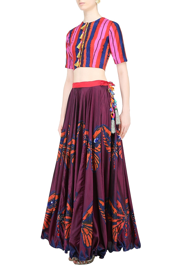 Maroon butterfly print lehenga skirt with crop top available only at Pernia's Pop Up Shop.