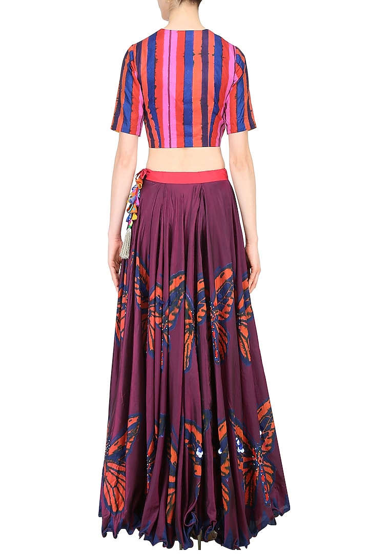 Maroon butterfly print lehenga skirt with crop top available only at Pernia's Pop Up Shop.