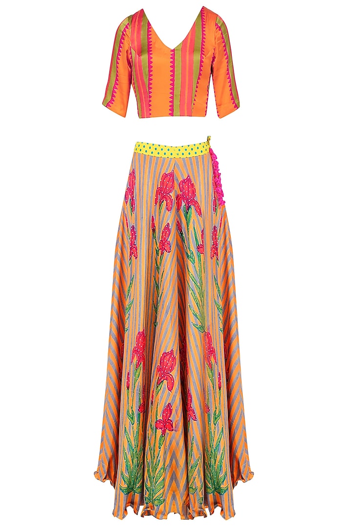 Orange floral printed lehenga set available only at Pernia's Pop Up Shop.