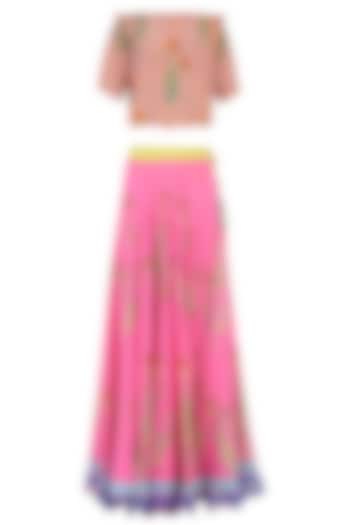 Light pink floral printed lehenga set with off shoulder blouse available only at Pernia's Pop Up Shop.